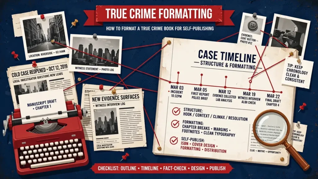 Noir-style flat vector illustration of a true crime evidence board with red string, newspaper clippings, a typewriter, and a case timeline, labeled TRUE CRIME FORMATTING