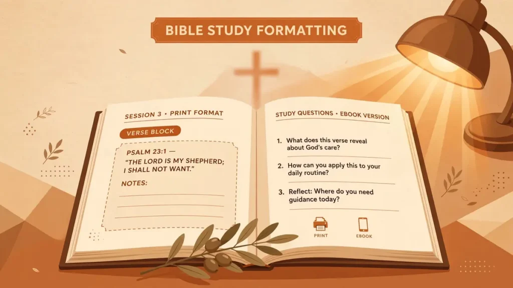 Flat vector illustration of an open Bible study guide with verse blocks, numbered study questions, and journal lines under a warm lamp glow