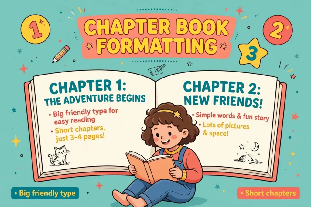 Flat vector illustration of a smiling child reading an open chapter book with big friendly type, numbered chapters, and small spot illustrations, in playful teal, sunny yellow, and coral