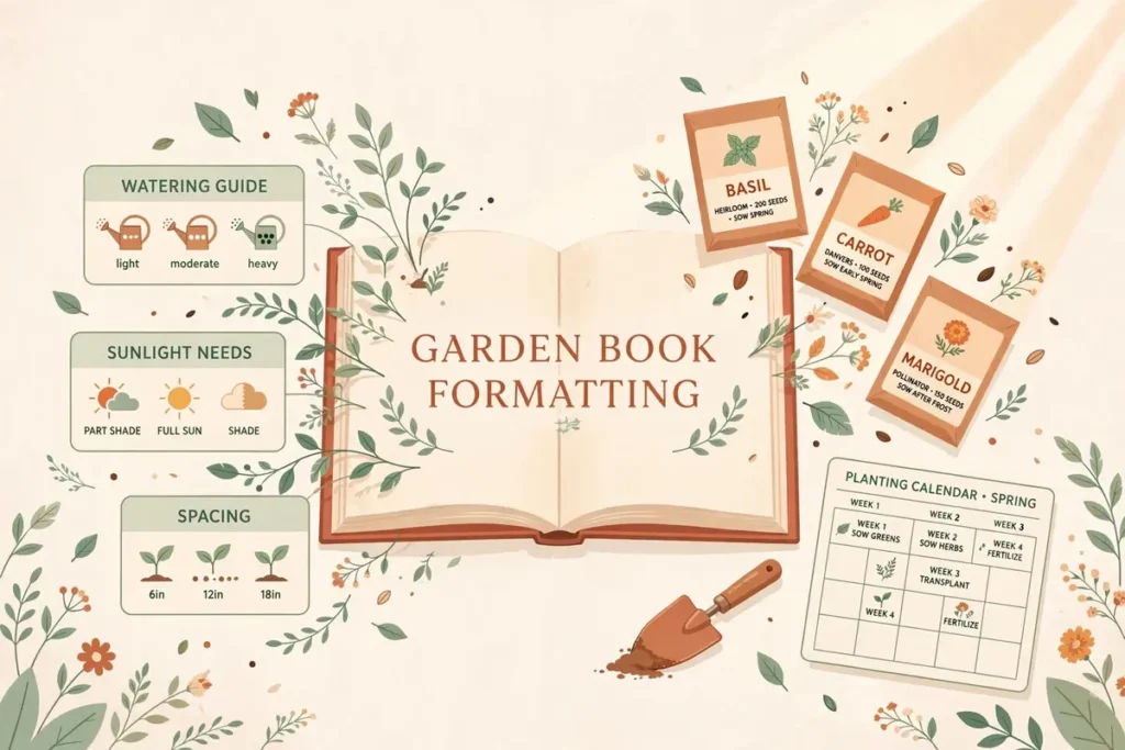 Flat vector illustration of an open gardening book with planting charts, seed packets, and garden tools in sage green, terracotta, and cream