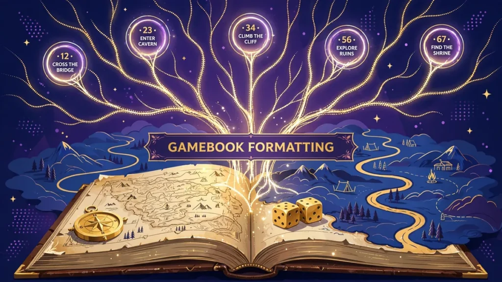Flat vector illustration of an open gamebook with glowing branching choice paths, numbered sections, gold dice and a compass in purple, gold and midnight blue
