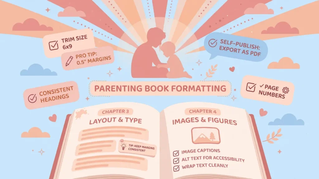 Flat vector illustration of an open parenting book with checklist cards and a parent reading with a child at sunrise, labeled PARENTING BOOK FORMATTING