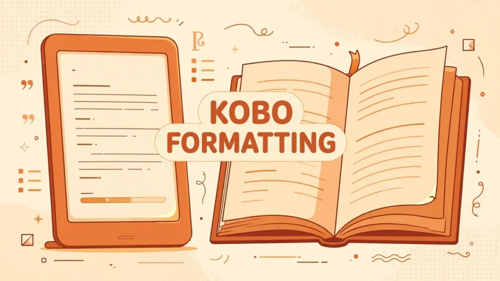 Flat vector illustration of an e-reader beside an open book in warm amber and terracotta tones, with centered text reading KOBO FORMATTING