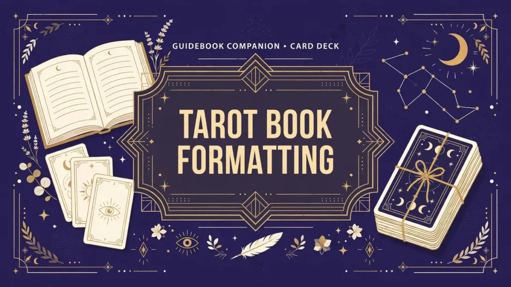 Flat vector illustration of an open tarot guidebook and a deck of tarot cards in deep indigo and antique gold, labeled Tarot Book Formatting.