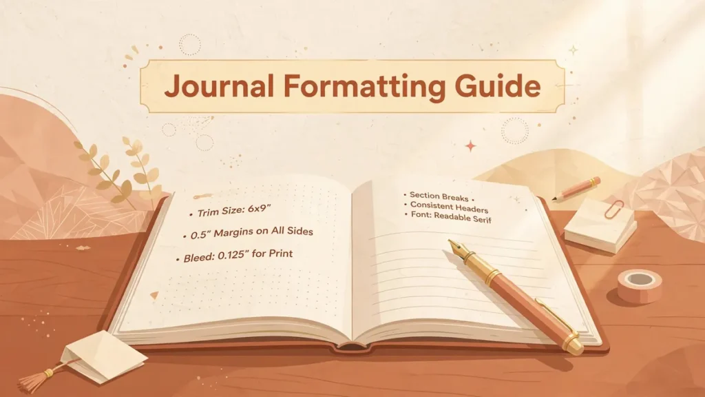 Open journal with fountain pen on a wooden desk, terracotta and cream editorial illustration