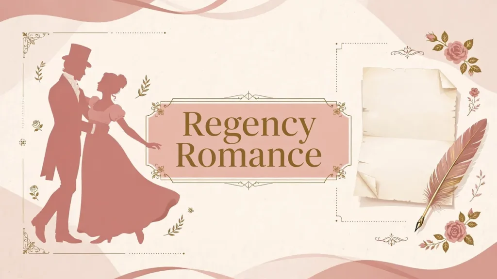 Regency-era ballroom scene with elegant letter and quill, dusty rose and gold editorial illustration