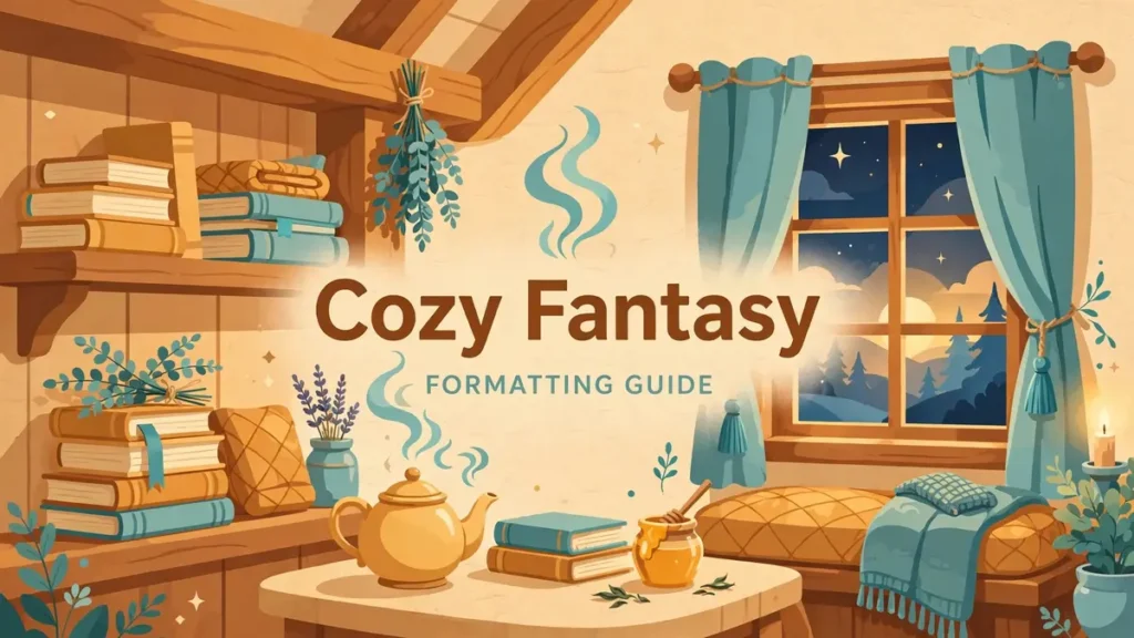Cozy cottage interior with teapot and stacked books, warm amber and honey editorial illustration