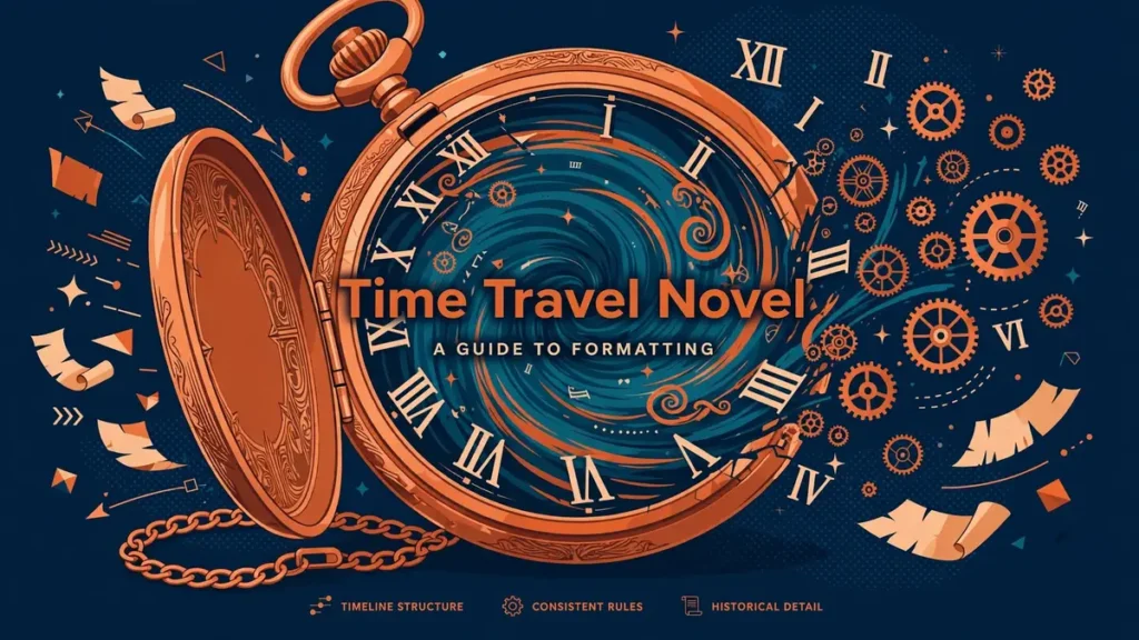 Pocket watch and clock portal in burnt orange and copper tones, editorial illustration