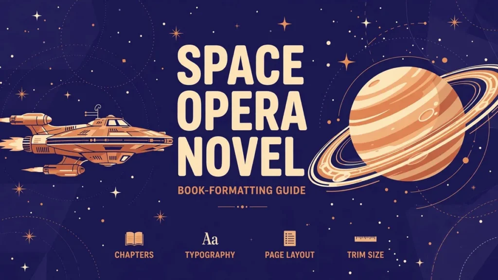 Flat vector illustration of a spaceship over a planet with the words 'Space Opera Novel', featured image for a space opera novel formatting guide