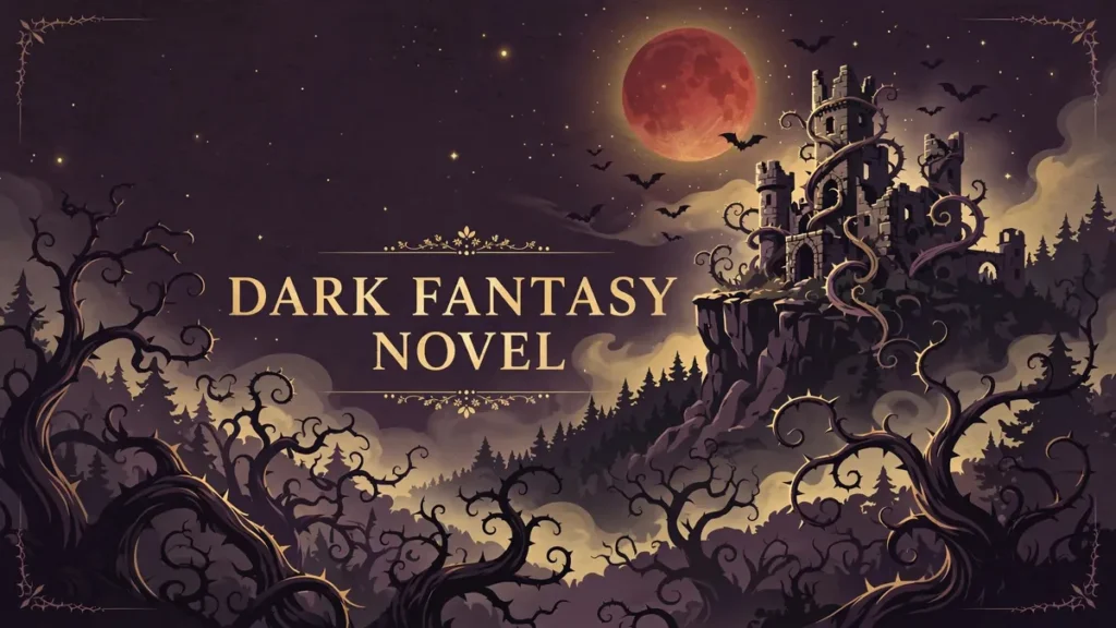 Flat vector illustration of a shadowy castle with a blood-red moon and the words 'Dark Fantasy Novel', featured image for a dark fantasy novel formatting guide