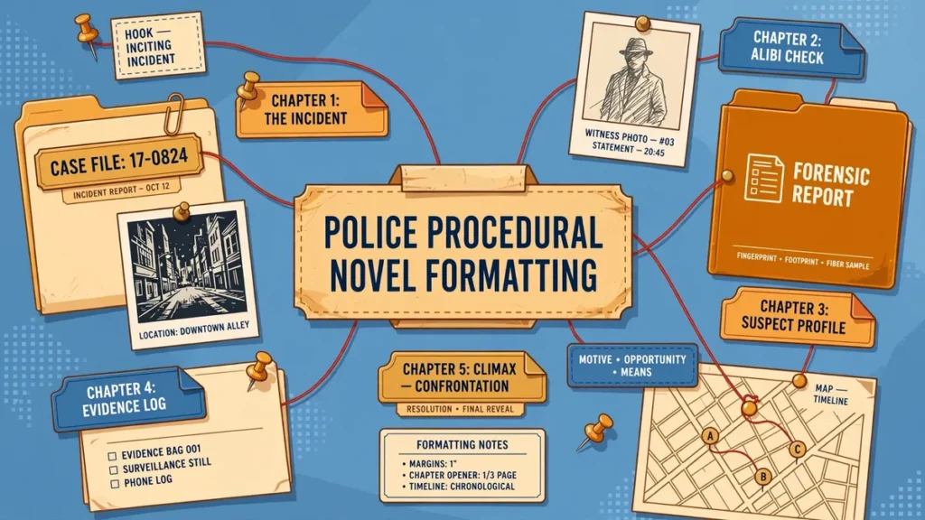 Editorial illustration of a police procedural novel formatting guide showing a detective's evidence board with case folders, red string, and chapter markers