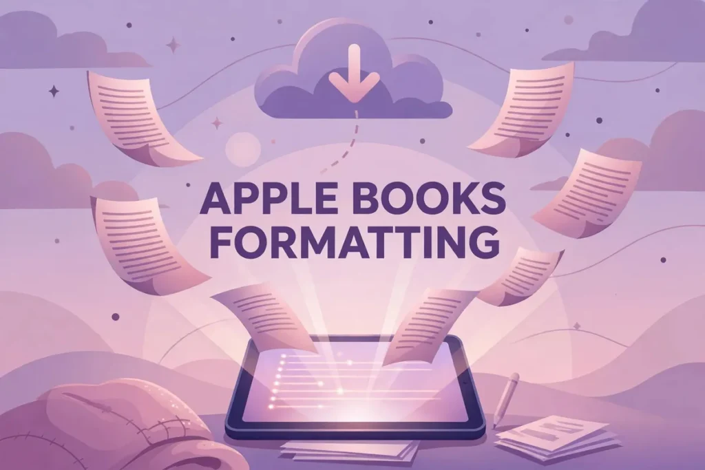Flat vector illustration of a glowing e-reader tablet with floating eBook pages and a cloud download motif in warm lavender and dusky purple, labeled Apple Books Formatting