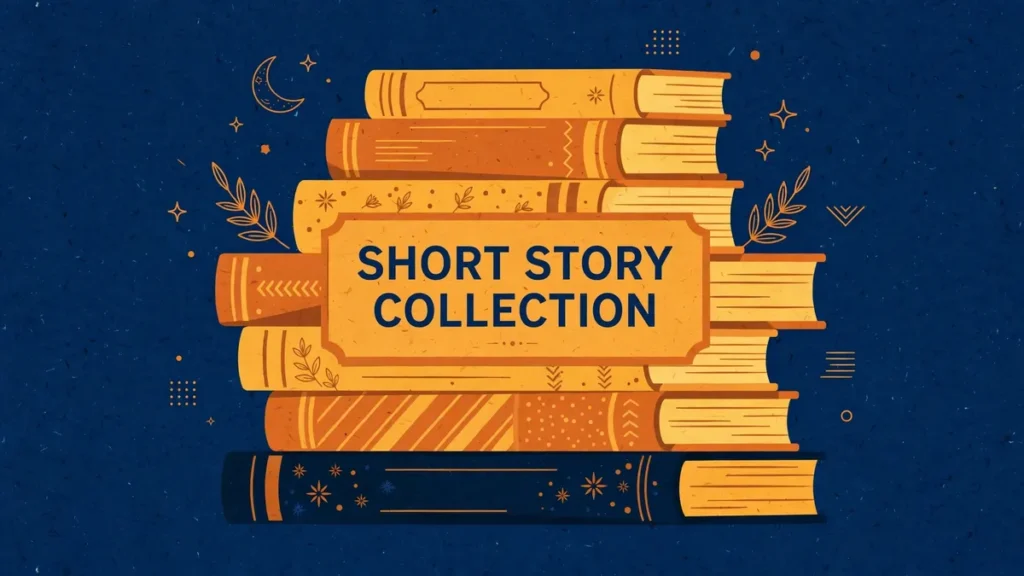 Midnite blue and amber flat vector illustration of stacked books with centered text reading 'SHORT STORY COLLECTION', the featured image for the KDP formatting guide.