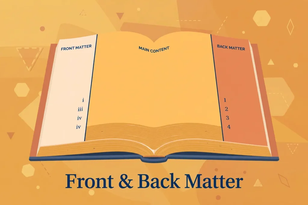 Flat vector illustration of an open book divided into front matter, main content, and back matter sections, with the text Front & Back Matter