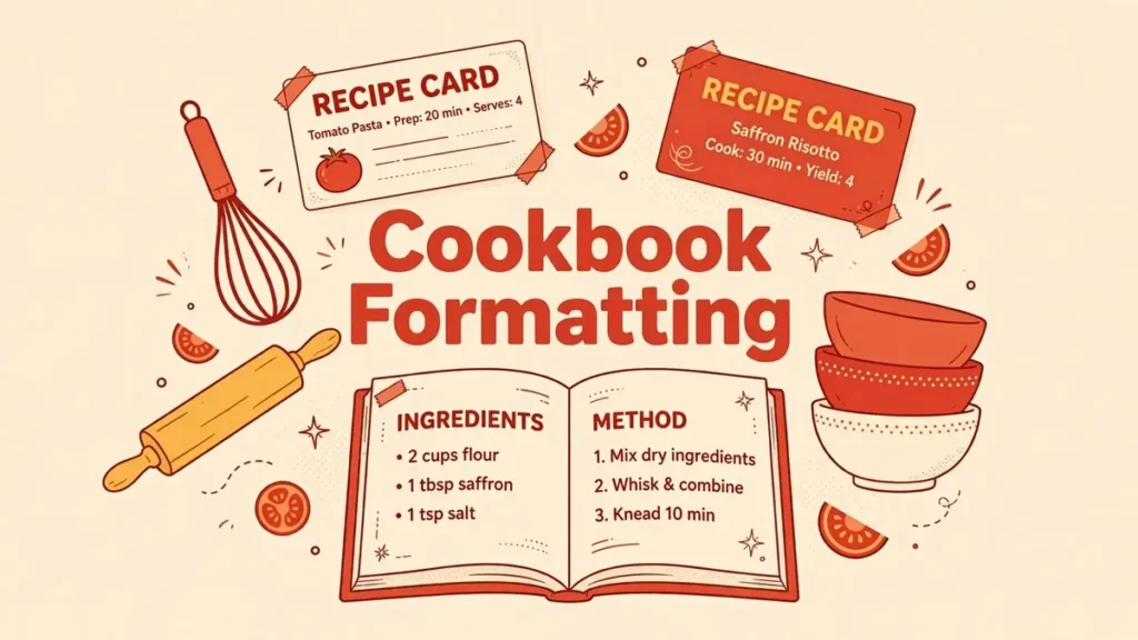 Warm editorial illustration of an open cookbook with recipe pages, fresh ingredients, and a chef's knife on a rustic kitchen table