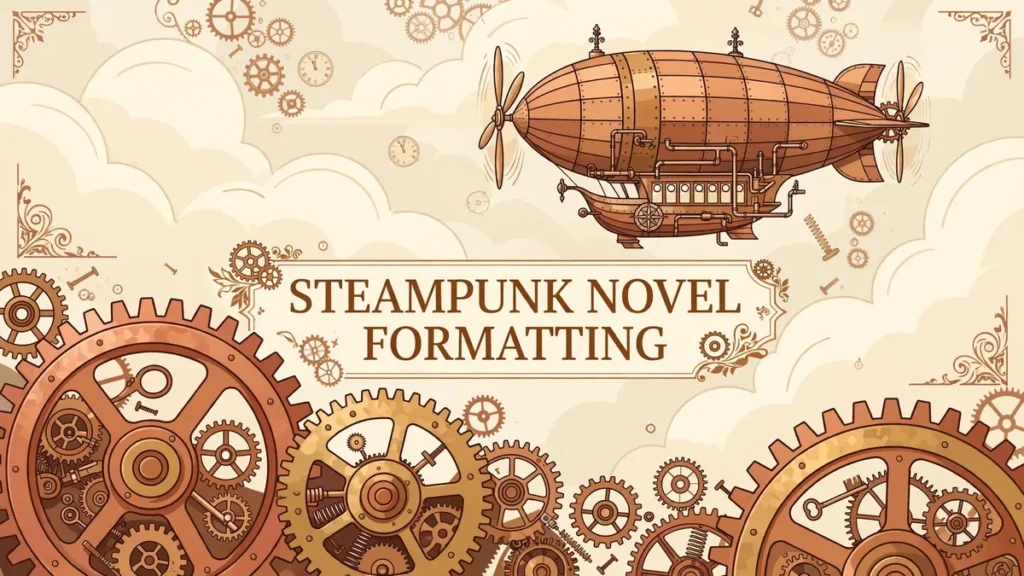 Flat vector editorial illustration of copper gears and a riveted brass airship in cream clouds, with the centered text STEAMPUNK NOVEL FORMATTING