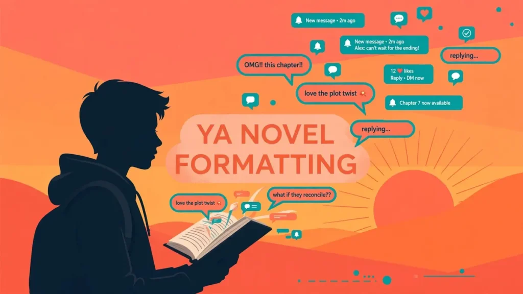 Flat vector illustration: a teen silhouette reads a book against a coral-orange sunset while text-message chat bubbles float around; centered text reads 'YA NOVEL FORMATTING'.