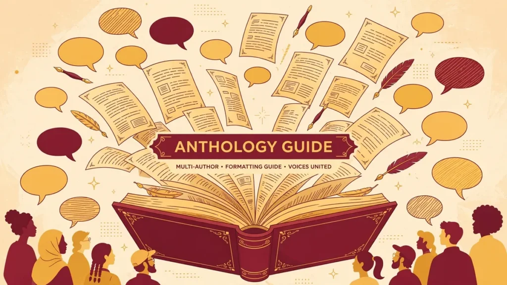 Maroon and gold flat vector illustration of an open book with speech bubbles and story pages rising from it, labeled ANTHOLOGY GUIDE, for the multi-author anthology formatting guide
