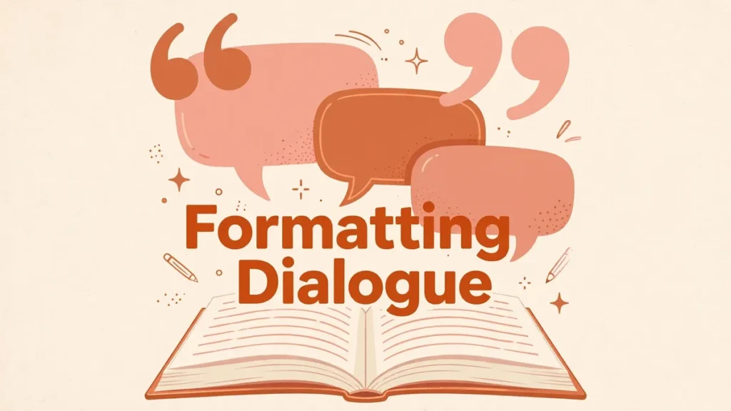 Editorial vector illustration of a novel manuscript page with large quotation marks and speech bubbles, showing how to format dialogue in fiction
