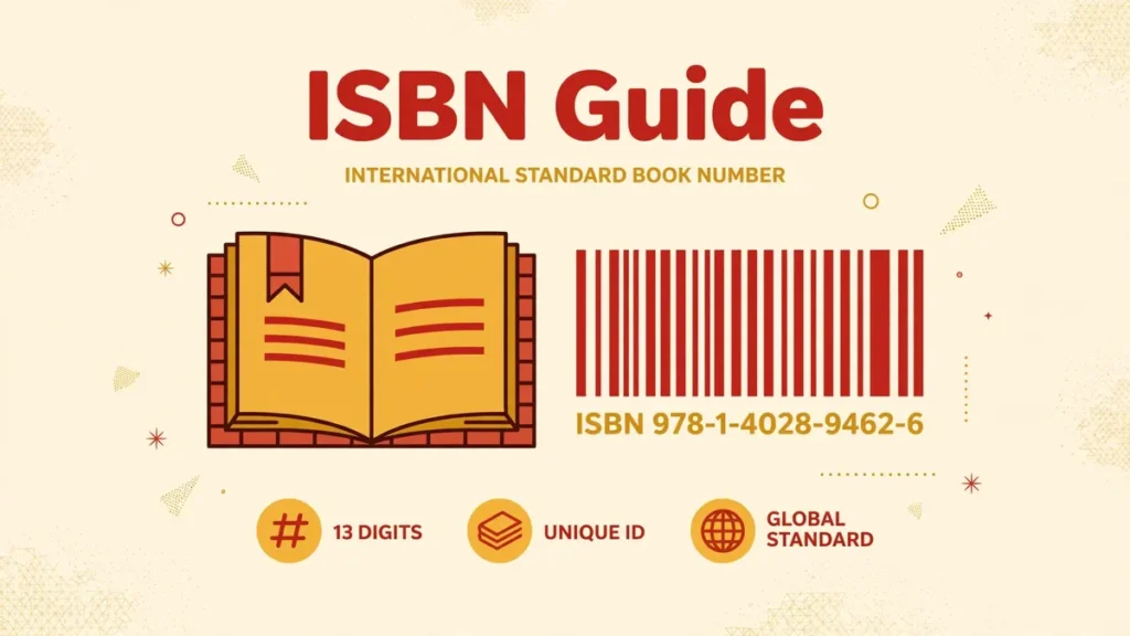 Editorial illustration of an open book showing a large ISBN barcode on its back cover, surrounded by small publishing icons