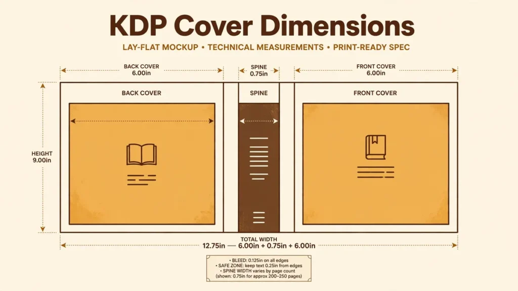 Vector illustration showing KDP cover dimensions: a 2560x1600 eBook cover layout beside a wraparound paperback cover with labeled spine width, 0.125-inch bleed marks, and the barcode zone on the back cover